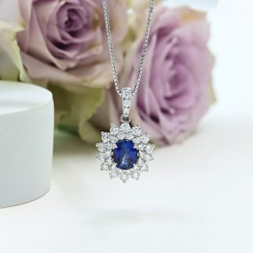 18K White Gold Blue Sapphire Diamond Pendant