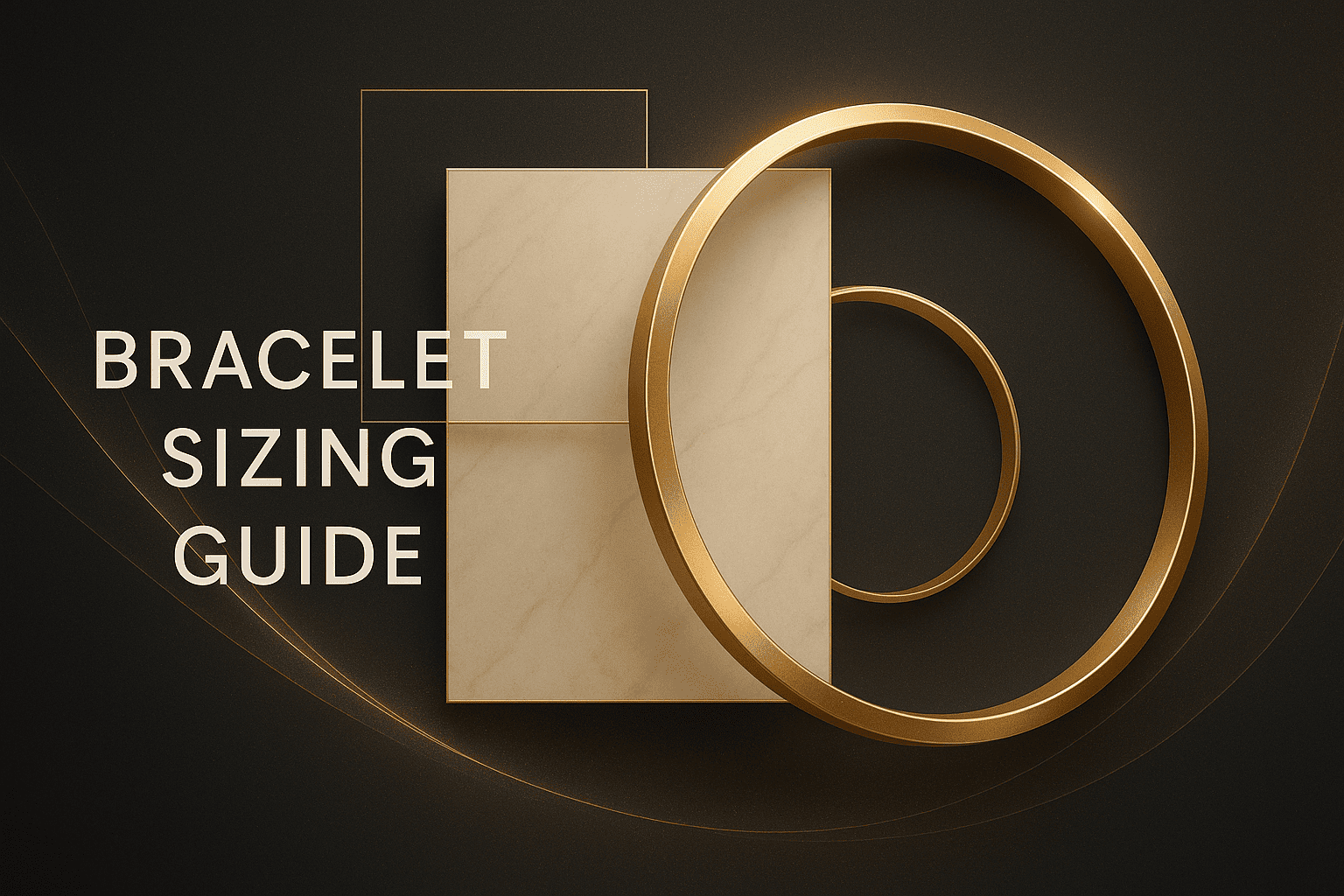 Modern graphic of gold bracelet rings with text Bracelet Sizing Guide on a dark background.