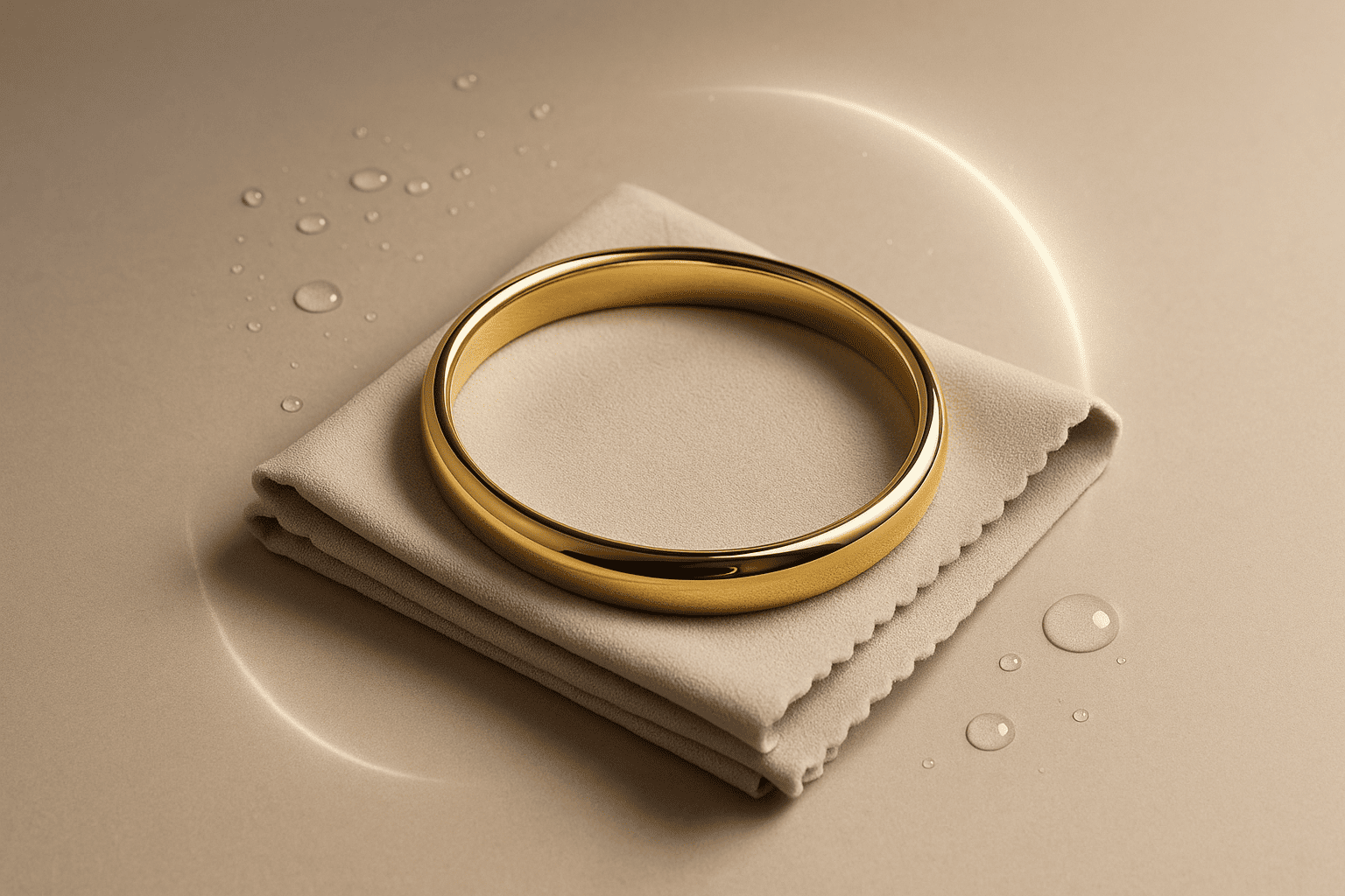 A polished gold bangle resting on a soft cloth with a subtle glowing arc around it, symbolising jewellery care and protection in a luxury minimalism style.
