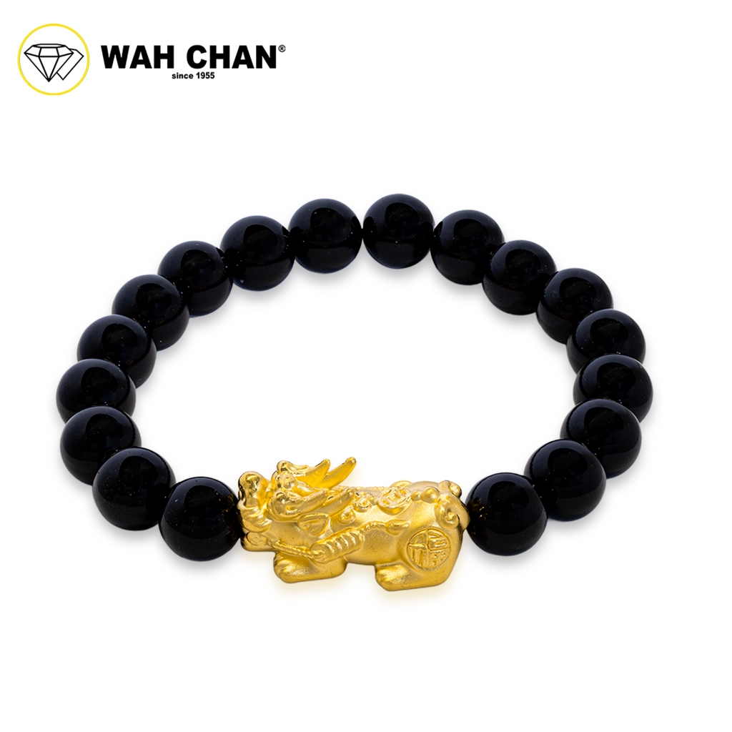 WAH CHAN 999 Gold Pendant - Dragon Pixiu Black Onyx Crystal Bracelet B35 - Image 2